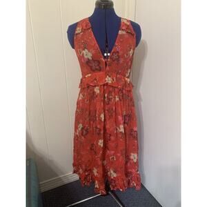 Farm Rio Sheer Red Floral Halter Dress Medium Ruffle Hem Beachy Resort Travel
